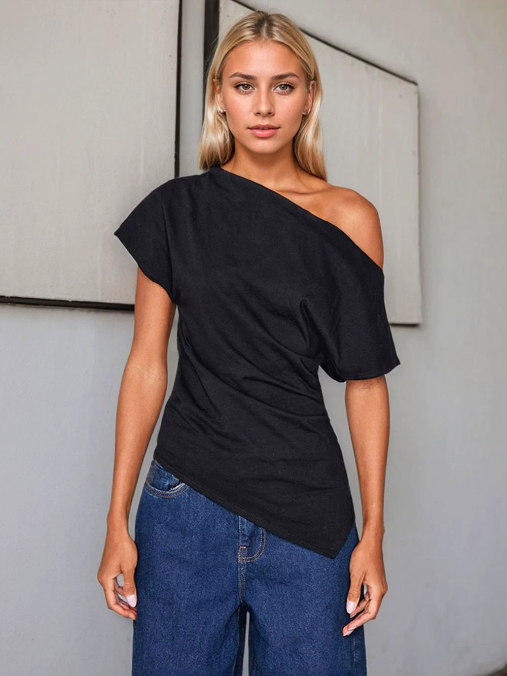 ZARA Sexy Slant Neck Off Shoulder Slim Fit Short Sleeve Top